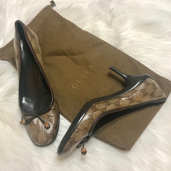 Gucci Shoes - GUCCI Crystal GG Monogram Canvas Bow Pumps